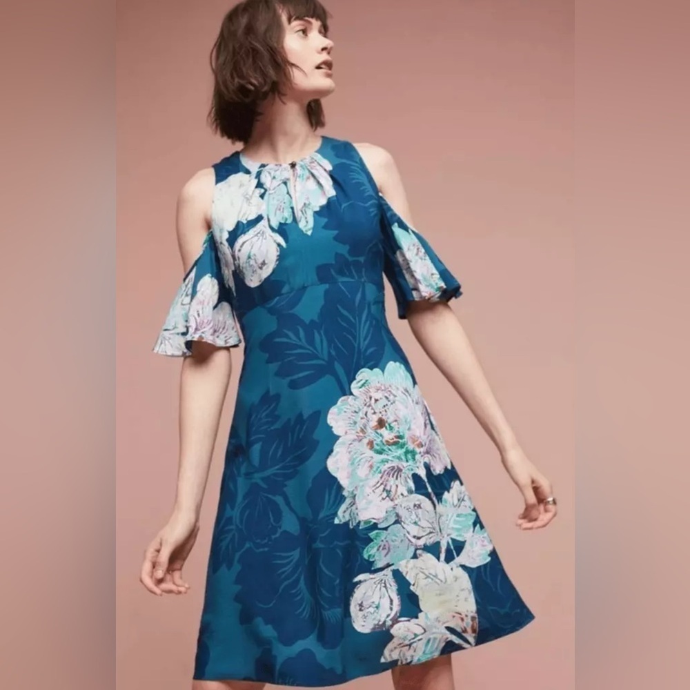 Anthropologie Maeve Elia Dress Open Shoulder Blue Floral Women's Size 4